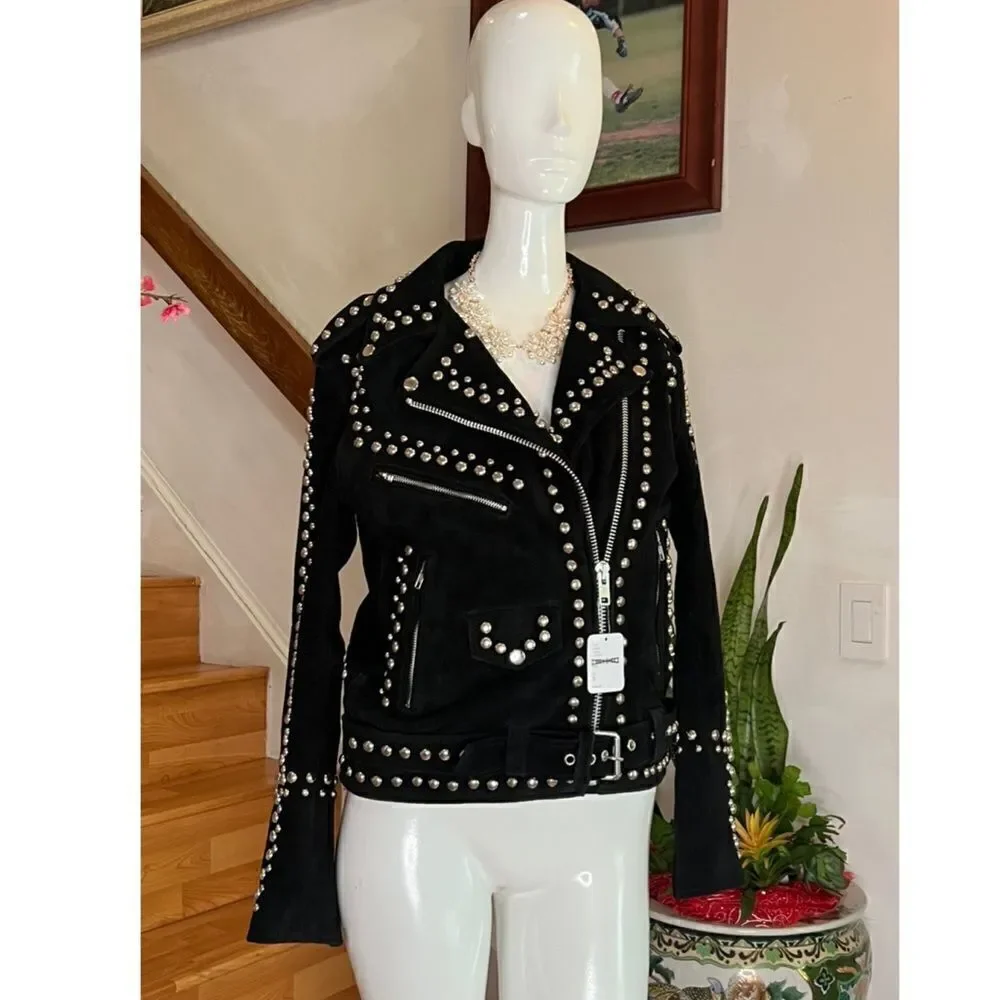 Free People Understated Leather Women's Black Dome Studded Moto Suede Ja…
